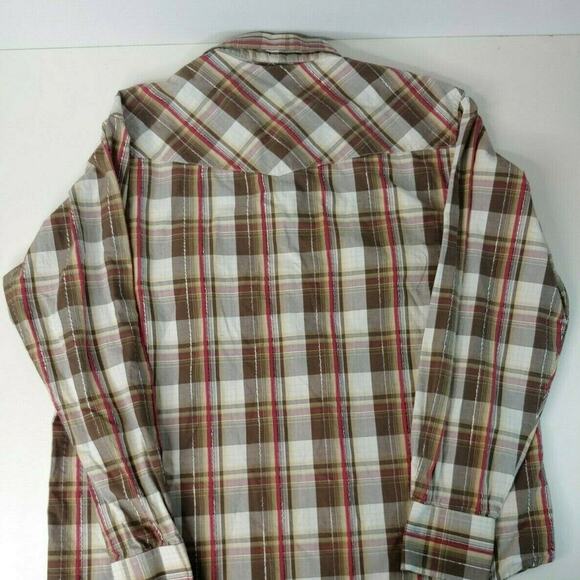 Wrangler Mens Medium Long Sleeve Brown/Red Plaid Pearl Snap Shirt - Picture 9 of 9
